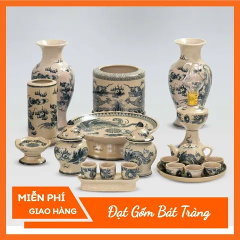 Bộ thờ cúng men rạn - đồ thờ cúng gia tiên thổ công bàn thờ thần tài gốm sứ Bát Tràng
