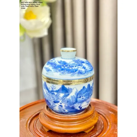 Đồ thờ cúng - bát nắp bọc đồng nhiều cảnh đựng nước tích thuỷ men ngọc gốm bát tràng