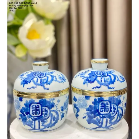 Đồ thờ cúng - bát nắp bọc đồng nhiều cảnh đựng nước tích thuỷ men ngọc gốm bát tràng