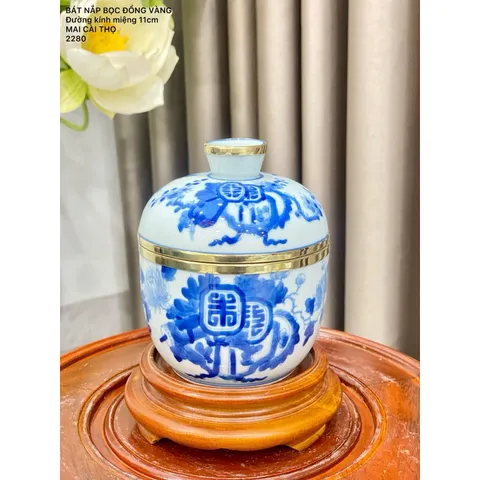 Đồ thờ cúng - bát nắp bọc đồng nhiều cảnh đựng nước tích thuỷ men ngọc gốm bát tràng
