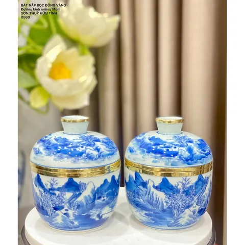 Đồ thờ cúng - bát nắp bọc đồng nhiều cảnh đựng nước tích thuỷ men ngọc gốm bát tràng