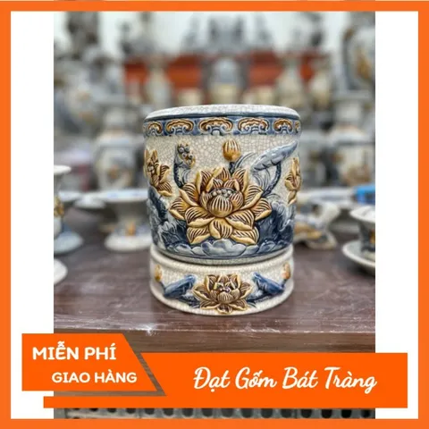 Bát hương men rạn đắp nổi hoạ tiết hoa sen - bát cắm hương lư hương gốm sứ Bát Tràng