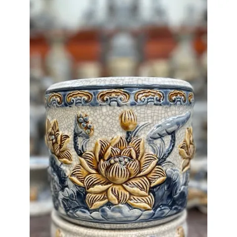 Bát hương men rạn đắp nổi hoạ tiết hoa sen - bát cắm hương lư hương gốm sứ Bát Tràng