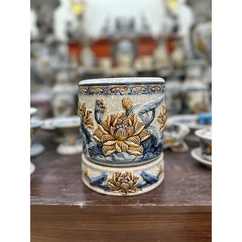 Bát hương men rạn đắp nổi hoạ tiết hoa sen - bát cắm hương lư hương gốm sứ Bát Tràng