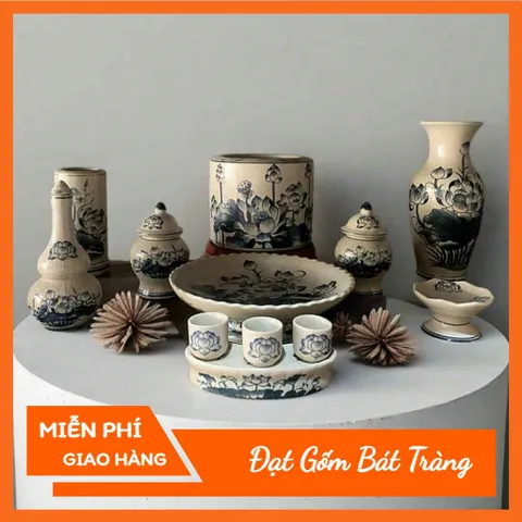 Bộ Thờ Cúng Men Rạn Họa Tiết Hoa Sen - Gốm Sứ Bát Tràng, Cúng Gia Tiên Thổ Công/Bàn Thờ Thần Tài
