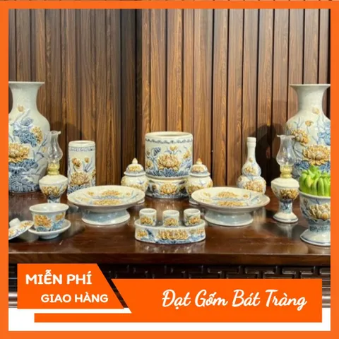 Đồ Thờ Cúng Cao Cấp - Men Rạn Đắp Nổi Nghệ Nhân Bát Tràng - Bát Hương Lư Hương - Bộ Đồ Cúng