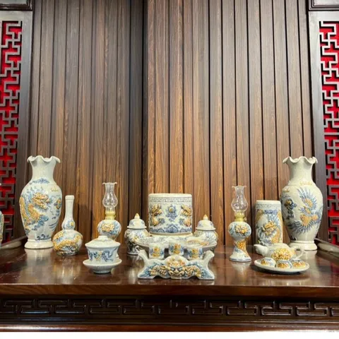 Đồ Thờ Cúng Cao Cấp - Men Rạn Đắp Nổi Nghệ Nhân Bát Tràng - Bát Hương Lư Hương - Bộ Đồ Cúng