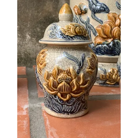 Đồ Thờ Cúng Cao Cấp - Men Rạn Đắp Nổi Nghệ Nhân Bát Tràng - Bát Hương Lư Hương - Bộ Đồ Cúng