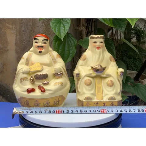 Đồ thờ cúng - bàn thờ thần tài bộ hai ông tài địa gốm sứ men vàng kim gốm sứ Bát Tràng