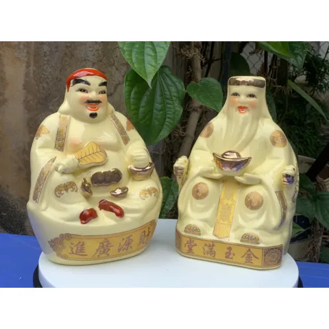 Đồ thờ cúng - bàn thờ thần tài bộ hai ông tài địa gốm sứ men vàng kim gốm sứ Bát Tràng
