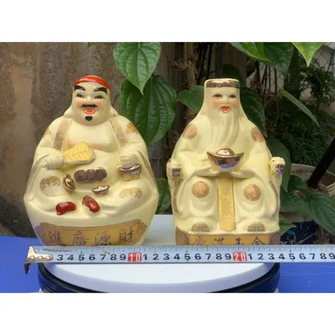 Đồ thờ cúng - bàn thờ thần tài bộ hai ông tài địa gốm sứ men vàng kim gốm sứ Bát Tràng