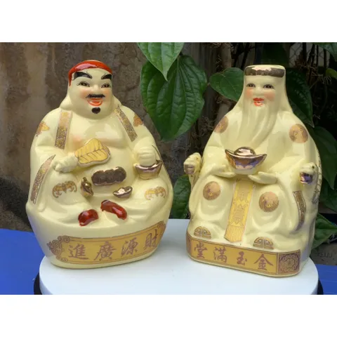 Đồ thờ cúng - bàn thờ thần tài bộ hai ông tài địa gốm sứ men vàng kim gốm sứ Bát Tràng
