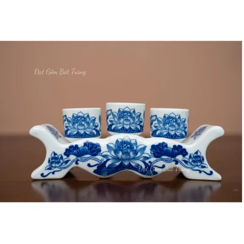 Bộ Thờ Cúng Cao Cấp Men Trắng Vẽ Hoa Sen Gốm Sứ Bát Tràng