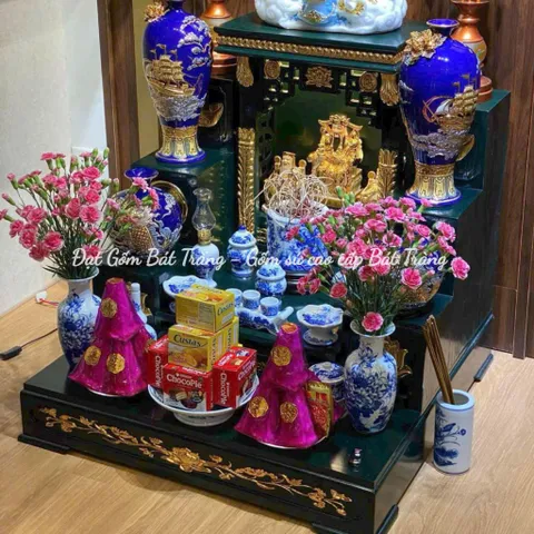 Bộ Thờ Cúng Cao Cấp Men Trắng Vẽ Hoa Sen Gốm Sứ Bát Tràng