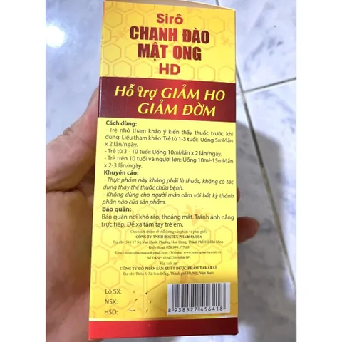 Sirô Chanh Đào Mật Ong HD giảm ho, giảm viêm họng, giảm đờm, hết khò khòe chai 100ml