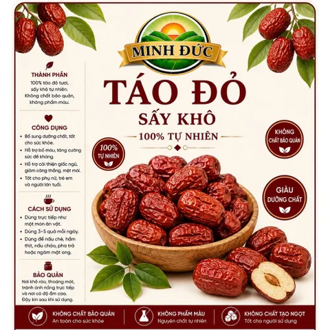 Táo đỏ sấy khô, táo đỏ  - táo đỏ Minh Đức - 1kg, 500g, 250g