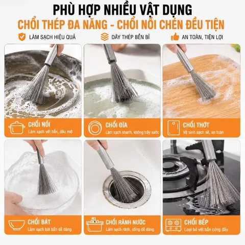 Chổi cọ, Bàn Chải Rửa Nồi Inox 304 cọ xoong nồi , chà rửa Cán Dài 21cm có móc treo - Làm Sạch Hiệu Quả, Không Để Lại Cặn 875986