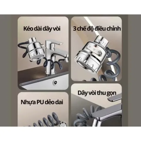 Đầu vòi nối dài, đầu vòi tăng áp 3 chế độ mạ Crom có dây lò xo kéo dài 40cm tiện lợi cho bồn rửa bát và vòi labavo 875993