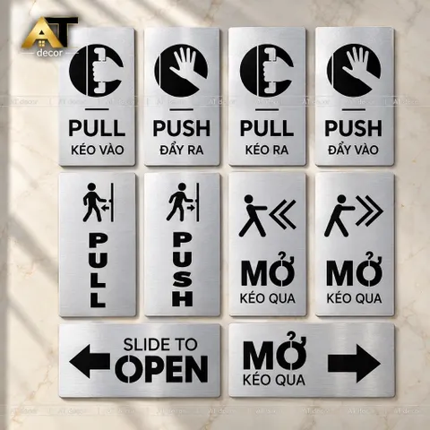 Bảng Alu In UV, đóng mở cửa, Pull, Push, open, nhận in theo yêu cầu