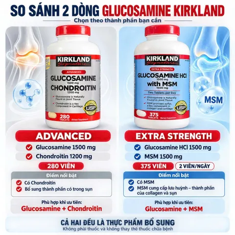 VIÊN BỔ KHỚP KIRKLAND GLUCOSAMINE 1500MG HỘP 280 VIÊN VÀ 375 VIÊN CHUẨN NỘI ĐỊA MỸ