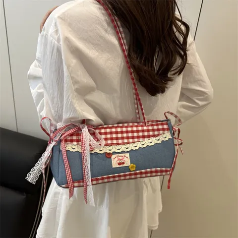 Túi Xách Đeo vai Retro có khóa kéo Dễ Thương Phối Jeans và Caro Đỏ