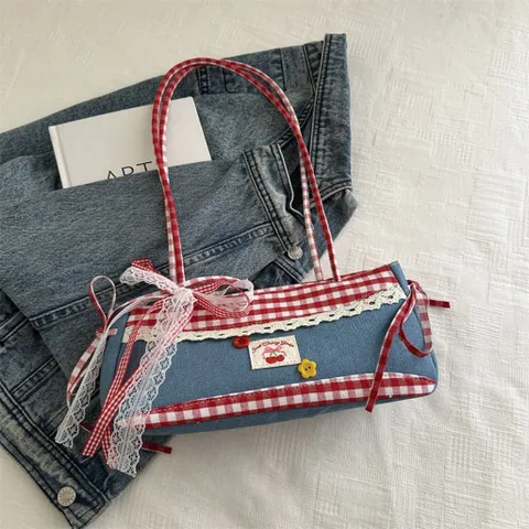 Túi Xách Đeo vai Retro có khóa kéo Dễ Thương Phối Jeans và Caro Đỏ