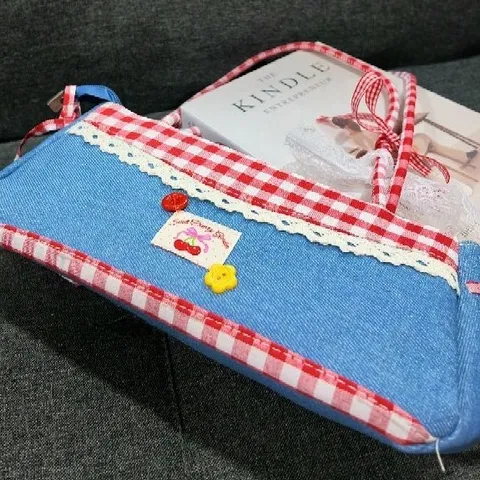 Túi Xách Đeo vai Retro có khóa kéo Dễ Thương Phối Jeans và Caro Đỏ