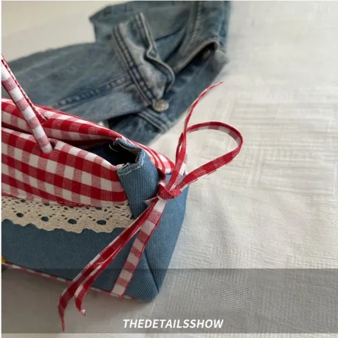 Túi Xách Đeo vai Retro có khóa kéo Dễ Thương Phối Jeans và Caro Đỏ