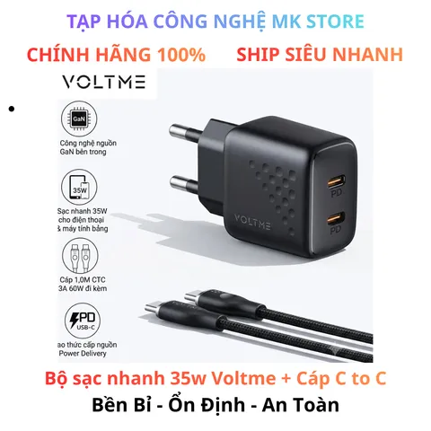 Bộ sạc nhanh 35w hãng Voltme kèm cáp C to C, Tương thích ip15 seri trở lên và các dòng android chân type-C
