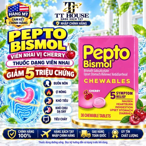 VIÊN KẸO NHAI DẠ DÀY PEPTO BISMOL VỊ CHERRY HỘP 30 VIÊN CHUẨN NỘI ĐỊA MỸ