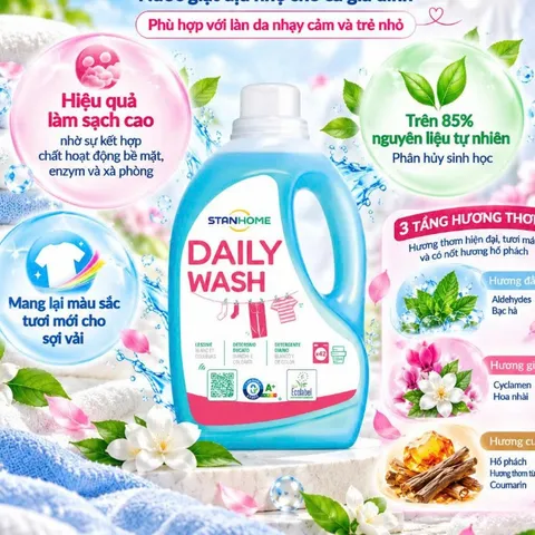 Nước giặt dịu nhẹ cho cả gia đình  phù hợp với làn da nhạy cảm và trẻ nhỏ Stanhome Daily Wash 1500ml