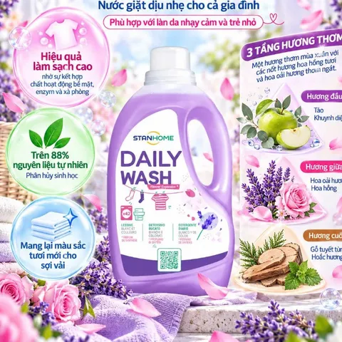 Nước giặt dịu nhẹ cho cả gia đình  phù hợp với làn da nhạy cảm và trẻ nhỏ Stanhome Daily Wash 1500ml