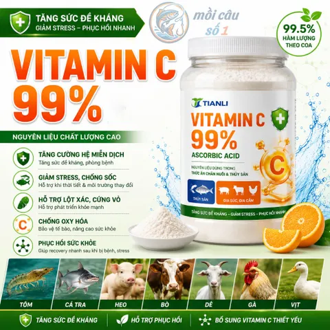 Vitamin C 99% - Acid giúp giảm stress, Tăng miễn dịch và đề kháng cho Tôm, Cá, thủy sản, vật nuôi