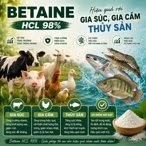 Betaine HCl 98% - Kích ăn mạnh, cải thiện khả năng hấp thụ dinh dưỡng, Tăng sức đề kháng trong chăn nuôi, thủy sản