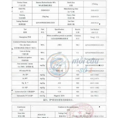 Betaine HCl 98% - Kích ăn mạnh, cải thiện khả năng hấp thụ dinh dưỡng, Tăng sức đề kháng trong chăn nuôi, thủy sản
