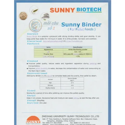 Sunny Binder - chất tạo kết dính thức ăn cho cá, tôm, chăn nuôi, thủy sản - Giúp thức ăn lâu tan, tiết kiệm, hiệu quả