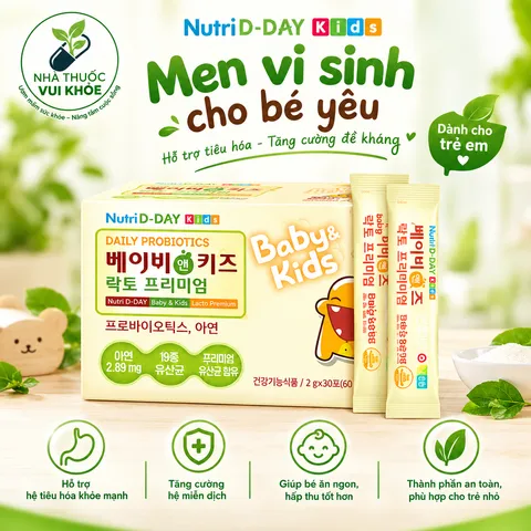 Men Vi Sinh Trẻ Em - Bổ Sung 6 Tỷ Lợi Khuẩn, Hỗ Trợ Tiêu Hóa và Sức Đề Kháng cho Trẻ Từ 1 Tuổi - Nutri D-Day Lacto Premium