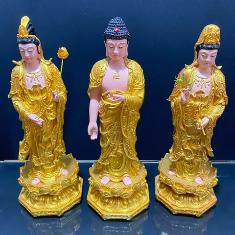[Ảnh thật] Tôn Tượng Tam Thánh Tây Phương Đứng 50cm Vàng Vẽ Có Pháp Khí Rời Siêu Đẹp