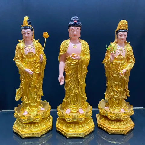 [Ảnh thật] Tôn Tượng Tam Thánh Tây Phương Đứng 50cm Vàng Vẽ Có Pháp Khí Rời Siêu Đẹp