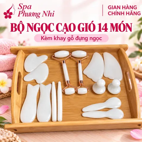 Bộ ngọc cạo gió 14 món. Ngọc thạch chuẩn hàng đẹp. Khay gỗ đựng ngọc
