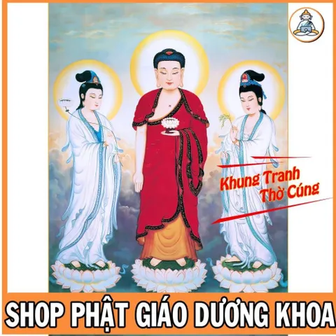 Hình thờ, Tranh treo, để bàn, Tam Thế Phật + gồm Khung + ép plastic đầy đủ kích thước  CÓ HOẢ TỐC