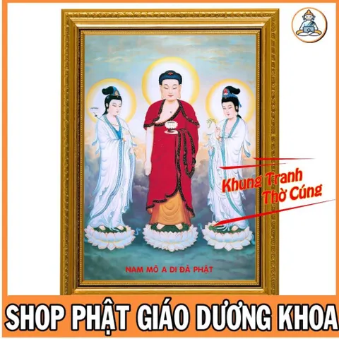 Hình thờ, Tranh treo, để bàn, Tam Thế Phật + gồm Khung + ép plastic đầy đủ kích thước  CÓ HOẢ TỐC