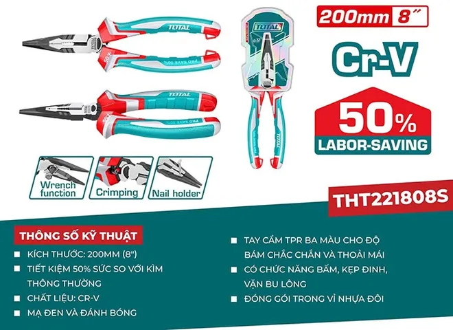 Kìm Mũi Nhọn Mỏ Dài TOTAL THT221808S 200mm (8