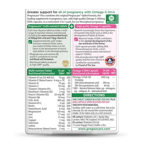 Vitabiotics Pregnacare Plus Omega 3 - Tăng cường sức đề kháng hỗ trợ giảm tình trạng ốm nghén mệt mỏi ở mẹ bầu chính hãng Anh
