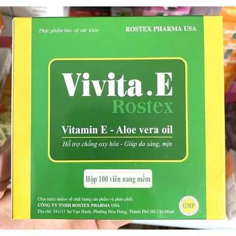 VIVITA. E ROSTEX Vitamin e 400 đẹp da, mờ thâm, chống lão háo, làm sáng và mịn da, sáng tự nhiên có tinh chất nha đam 
