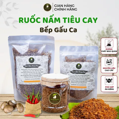 Ruốc Nấm Hương cay Bếp Gấu Ca,chà bông nấm,món ăn chay,khô nấm cay cay,ruốc nấm hương chay ngon