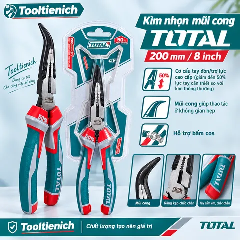 Kìm Nhọn Mũi Cong TOTAL THT241808S 200mm/8 Inch – Trợ Lực Giảm 50% Công Sức, Thép Cr-V Cao Cấp