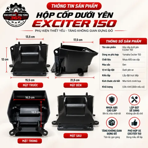 Hộp cốp dưới yên Yamaha Exciter 150 màu đen mẫu mới nhựa ABS siêu bền
