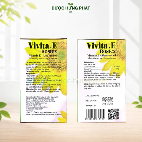 Viên uống Vivita.E Rostex giúp bổ sung vitamin E, chống oxy hóa, bảo vệ và hạn chế lão hóa da, da sáng, mịn hộp 100 viên