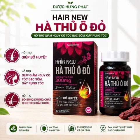 Viên uống Hair New Hà Thủ Ô Đỏ Hộp Đen giúp bổ huyết, hỗ trợ giảm nguy cơ tóc bạc sớm, gãy rụng tóc hộp 30 viên